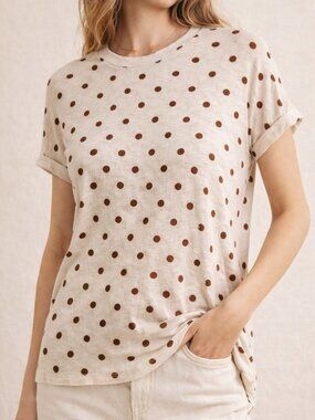 Piper 100% Linen Polka Dot T-Shirt Cream Brown Relaxed Fit Minimalist Top XS